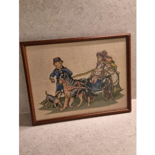 Vintage cross-stitch dog cart embroidery framed