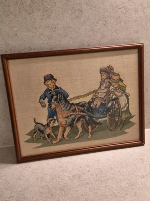 Vintage cross-stitch dog cart embroidery framed