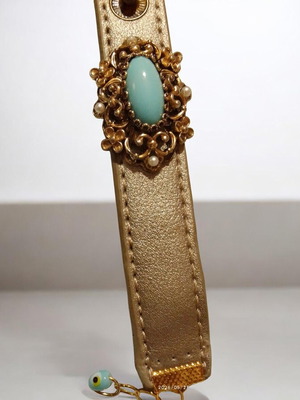 Handmade bracelet gold leatherette with blue stone centerpiece