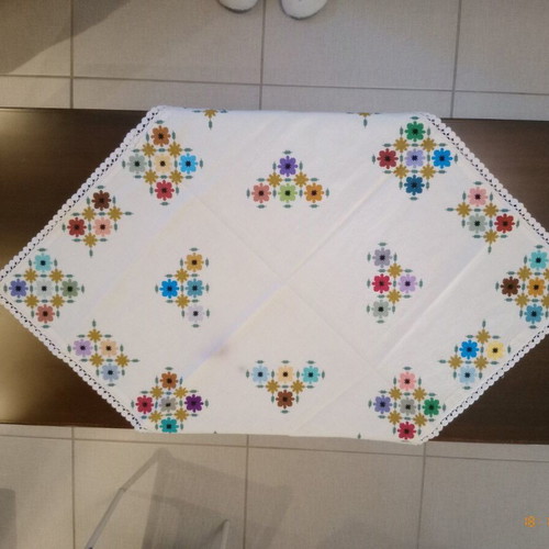 Vintage handmade tablecloth with colorful embroidered flowers like new