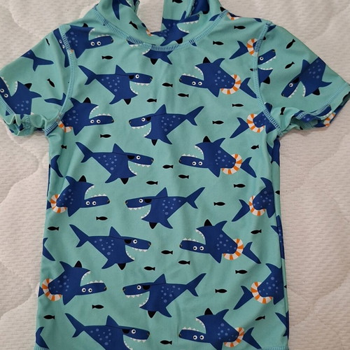 Sun protection shirt Du pareil turquoise with shark print for kids 4-5 years