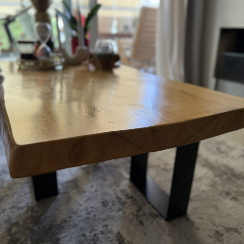 Solid pine wood dining table and coffee table set with metal legs