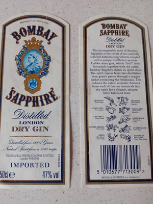 Ετικέτα Bombay Sapphire Distilled London Dry Gin μεταχειρισμένη