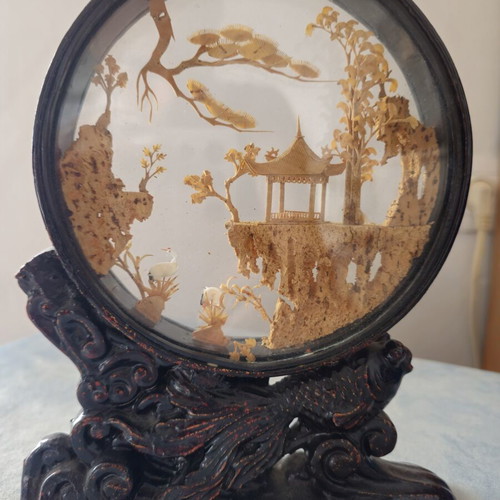 Vintage Chinese Diorama carved cork in glass case like new