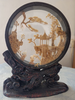 Vintage Chinese Diorama carved cork in glass case like new