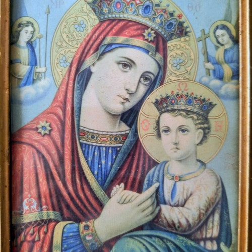 Vintage lithograph of Virgin Mary with gold frame used