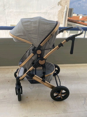 Biketoys παιδικό καρότσι με γκρι ύφασμα και σκελετό σε χρυσή απόχρωση