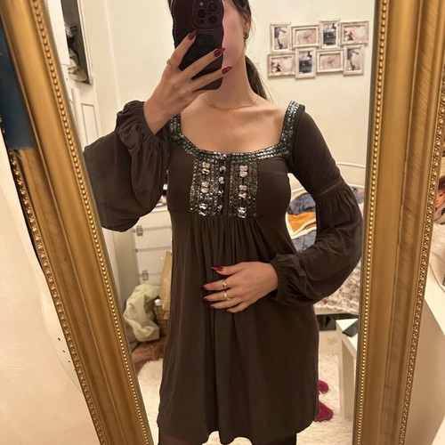 Airy dress used, brown with bust and sleeve design