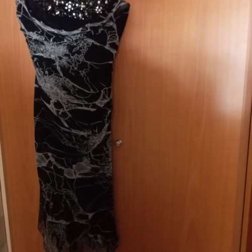 Evening dress midi like new, embroidered with stones on neckline, black and gray