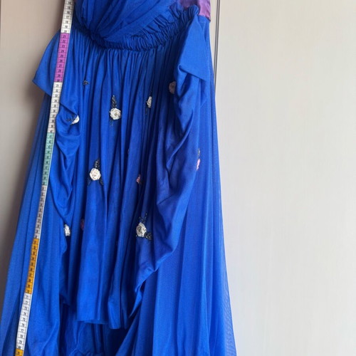 Vintage strapless dress 80s blue with fabric roses size 46 like new