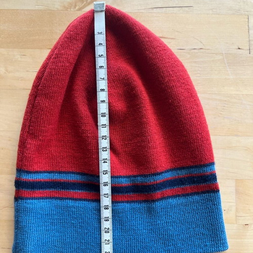 Wool knit cap used, red and blue, size S