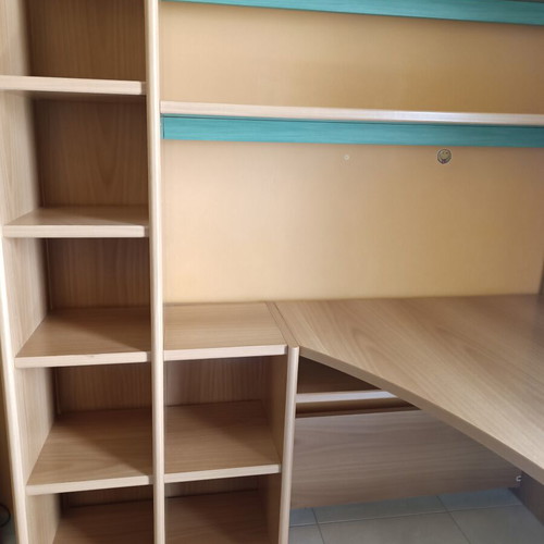 Corner desk with bookshelf and shelves like new, wood with green details
