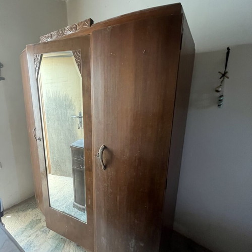 Wooden wardrobe used, three-door with mirror and shelves, antique