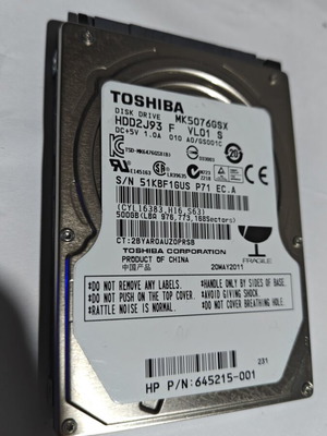 Toshiba OEM HP 500GB 2.5" SATA σκληρός δίσκος μεταχειρισμένος για laptop και εξωτερική αποθήκευση