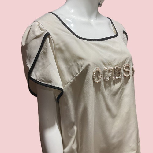 G Shein blouse L used, beige with black trim and embroidered pearls