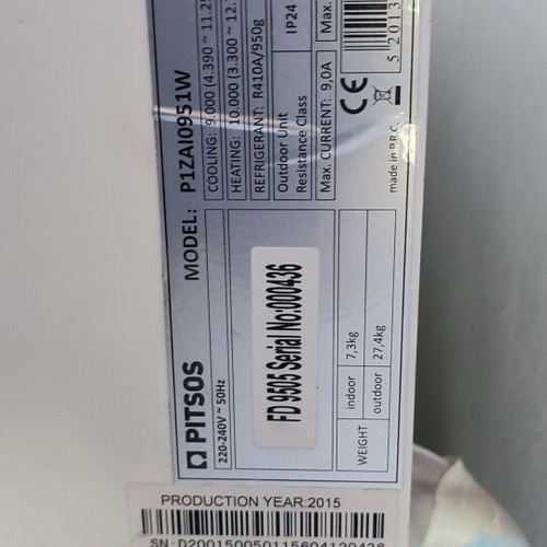 Pitsos 9,000 BTU air conditioner for parts or scrap, error P4