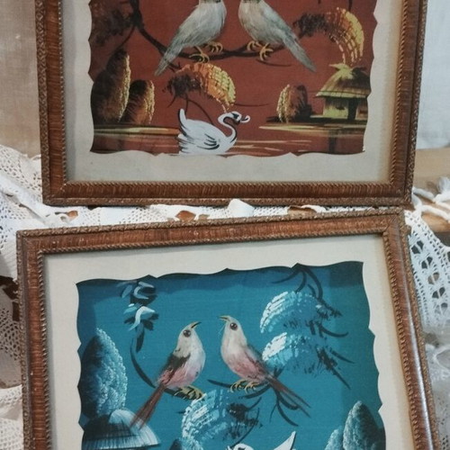 Vintage set of 2 Chinese 3D Feather Art wall frames (1960s-70s)