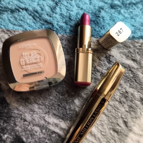 L'Oréal makeup set with mascara, powder, lipstick