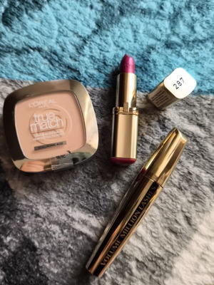 L'Oréal makeup set with mascara, powder, lipstick