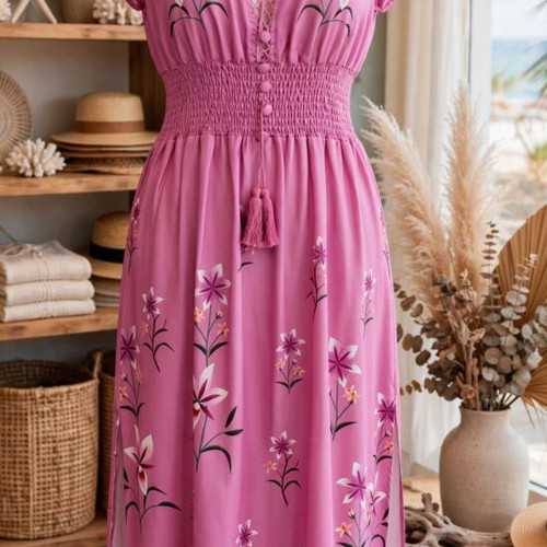 Pink Boho Floral Maxi Dress size M like new