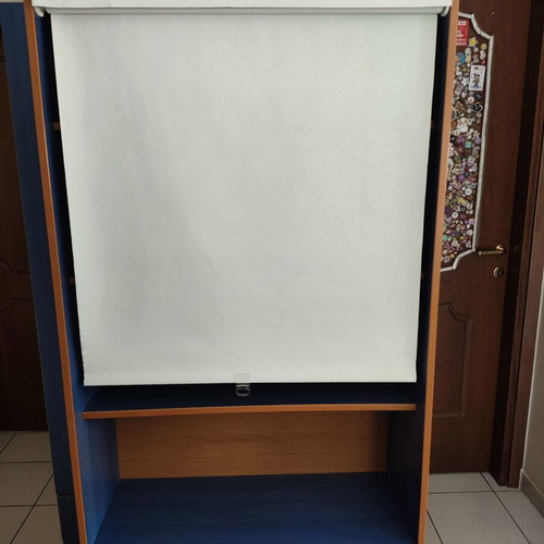 Bookcase with Shelves, Cabinet & Roller Blind used, blue and wood