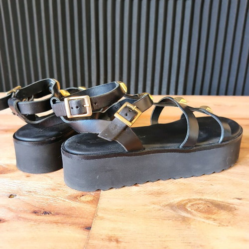 Sante leather platform sandals used, black with gold details, size 38