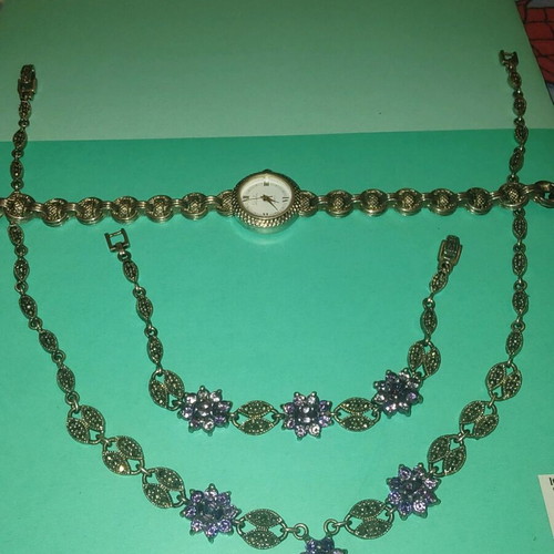 Silver set necklace, bracelet and watch like new with semi-precious stones