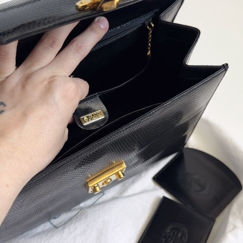 Gucci Lady Lock lizard skin shoulder bag used, large, black