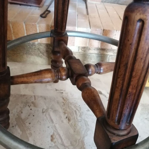 Kourtis two wooden swivel bar stools, handcrafted, leather upholstery, neoclassical
