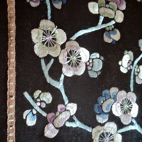 Vintage Chinese Silk Embroidery Panel with Wooden Frame