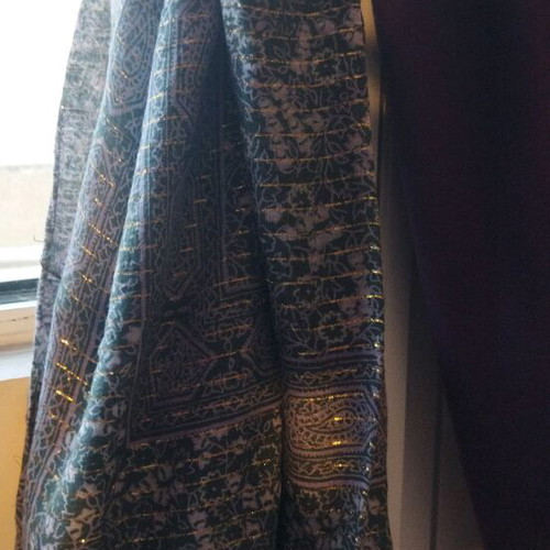 Scarf used large dark gray with gold details and fringes