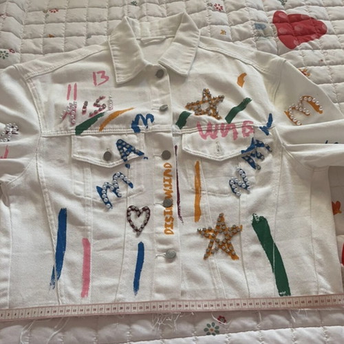 Rock denim jacket white with pearls and colorful details like new