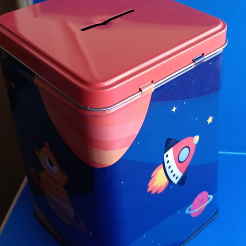 Space-themed pencil case and stickers new, includes metal piggy bank