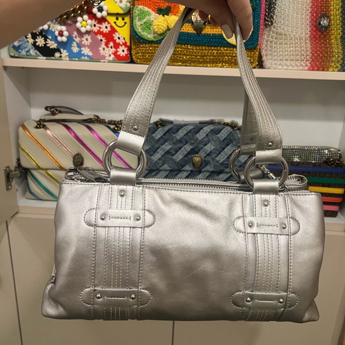 Kipling leather vintage handbag like new, gray silver