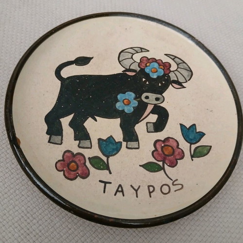 Vintage handmade ceramic plate Taurus zodiac