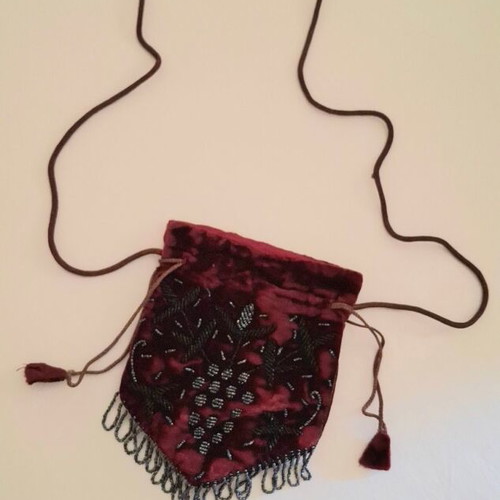 Evening crossbody velvet bag with black bead embroidery, burgundy