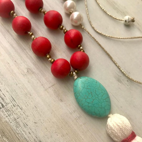 Long rosary necklace with blue chalcedony, red and white beads, and white tassel new