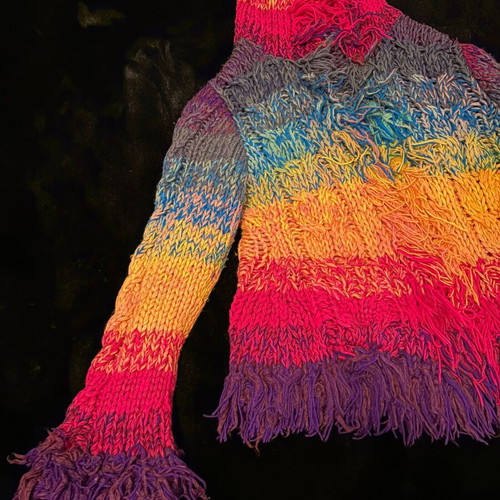 Handmade knitted cardigan rainbow hippie style with hood and fringes