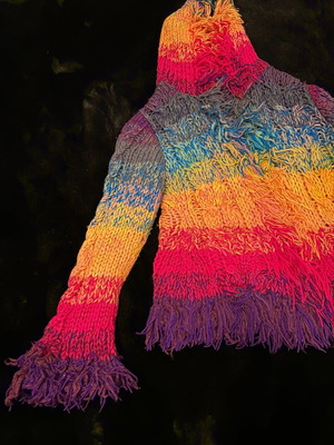 Handmade knitted cardigan rainbow hippie style with hood and fringes