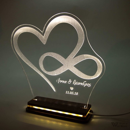 LED lamp Heart Infinity handmade with wooden base and plexiglass new