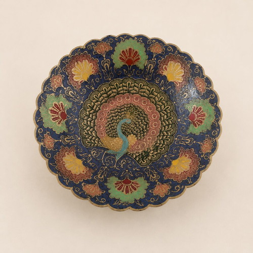 Vintage metal decorative peacock plate handmade, blue-gold, 18cm