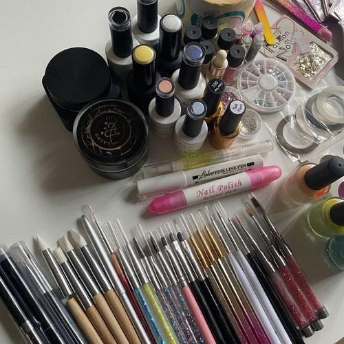 Nail Art Equipment used with stickers, caviar, gels, brushes