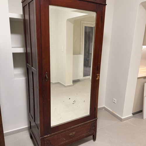 Vintage wooden single-door wardrobe with large mirror
