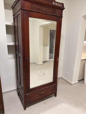 Vintage wooden single-door wardrobe with large mirror