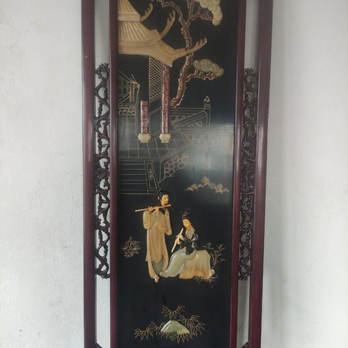 Wall decor panels used with Chinese motifs, wood, mother-of-pearl and jade