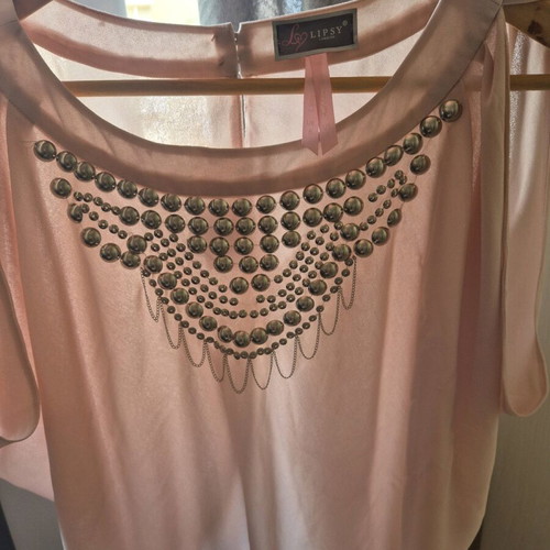 Lipsy London blouse nude pink with pearls and open shoulders, like new