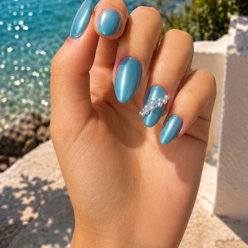 Press-on nails turquoise with sparkle, handmade, new, set of 10