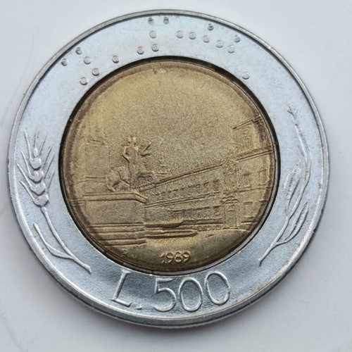 Bimetallic 500 Lire Italy coin 1989 with Quirinale and Braille