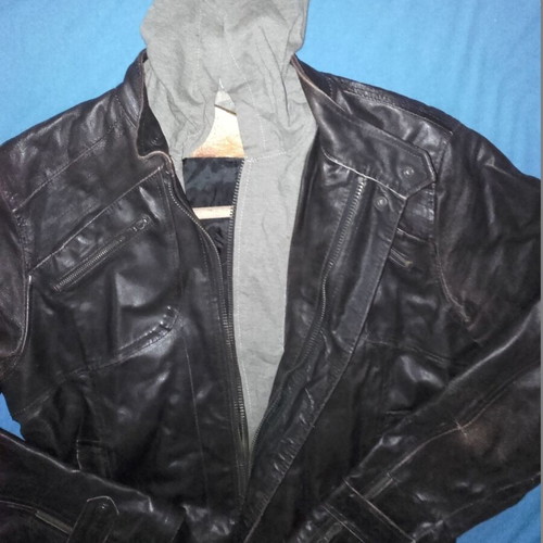 FDN leather jacket XL used with hood, beige brown