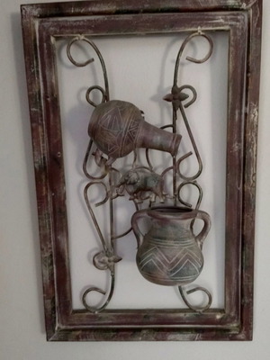 Wooden 3D frame used with ceramic jugs and elephant figure